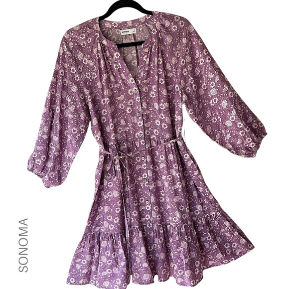 NWT | FLORAL RUFFLE HEM BOHO DRESS BUTTON FRONT TIE WAIST PURPLE | SIZE: SMALL - Picture 1 of 13